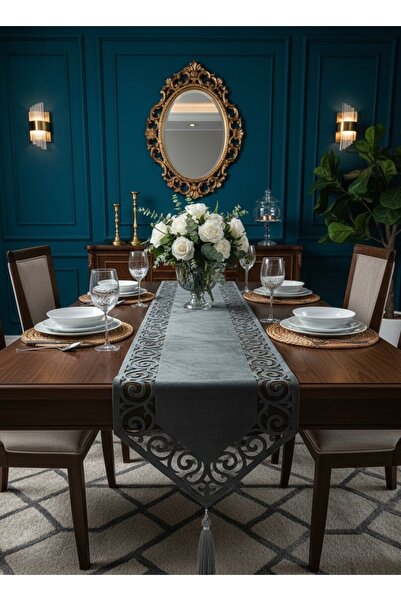 MİNOZA Sonsuzluk Model Kadife Kumaş Tül Detaylı Püsküllü Dekoratif Masa Örtüs...