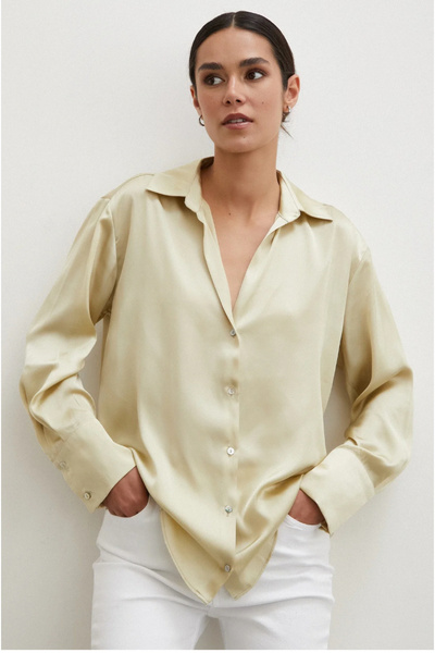 BE CHİC Women's V-Neck Loose Fit Premium Fabric Plain Basic Stylish Satin Shi...