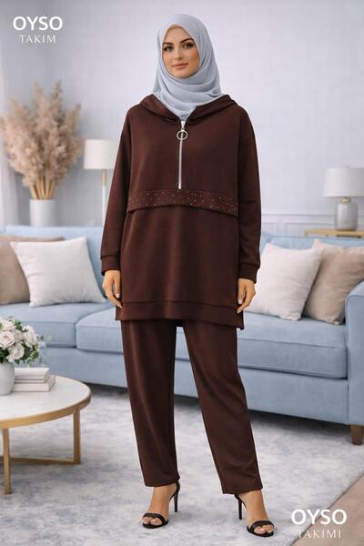 Avakado Hooded and Stone Detailed Top and Bottom Tracksuit Set