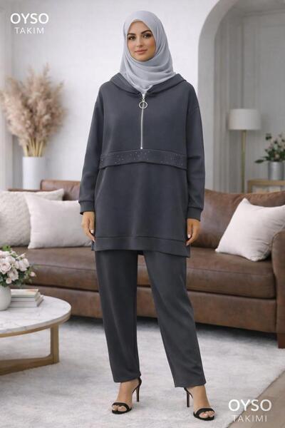 Avakado Hooded and Stone Detailed Top and Bottom Tracksuit Set