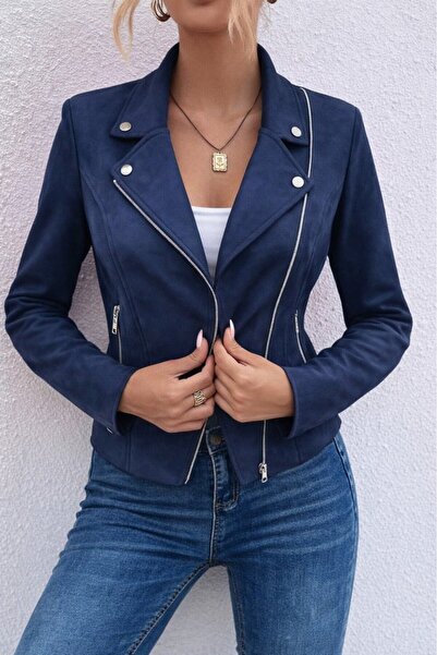 Kanonik Education Women's Long Sleeve Collared Front Zipper Short Suede Jacket