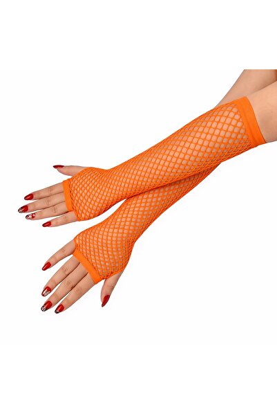 ZS DEMİR 80S 90S Retro Orange Fishnet Fingerless Gloves 26 cm