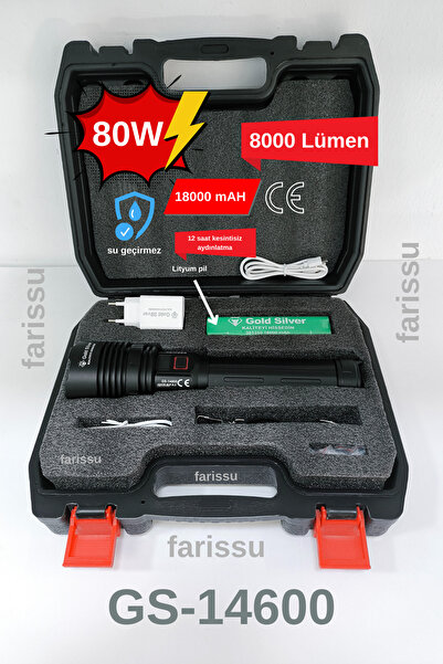 ozbience Yüksek Güçlü 80W 8000 Lümen Şarjlı El Feneri ve Powerbank Özelliği