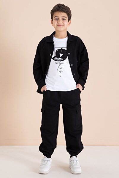 Cansın Mini Black Cargo Pocket Jean Jacket and Trousers Boys' T-Shirt 3-Piece...