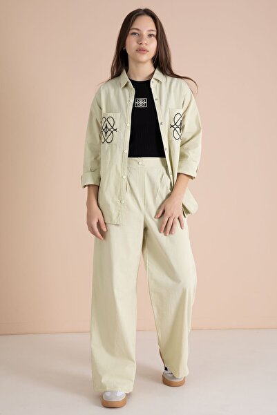 Cansın Mini Green Embroidered Shirt and Badge Girl's 3-Piece Trouser Set 23560