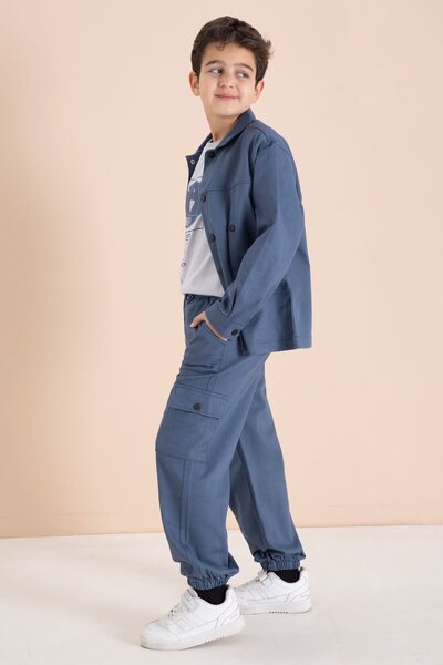 Cansın Mini Blue Cargo Pocket Jean Jacket and Pants Boys' T-Shirt 3-Piece Set...