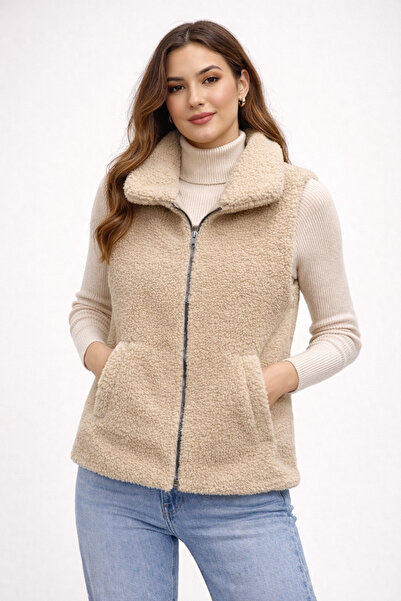 MODEXIA Welsoft Kuzu Desen Peluş Kadın Yelek Astarlı Çift Cepli Rahat Kalıp