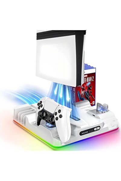 Garlo حامل PS5/Slim/Pro مع محطة تبريد، ومحطة شحن وحدة التحكم، وإضاءة RGB LED
