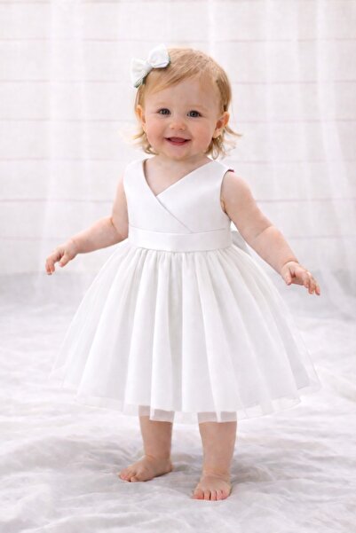 SUNEH Baby Girl White Wrap Mini Dress Birthday Satin Dress