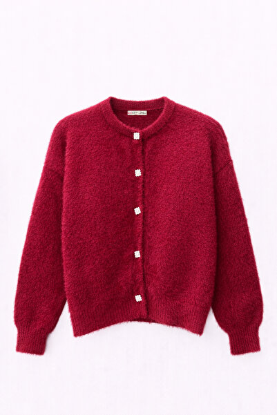 Mixray 6902 Women's Bearded Basic Soft Textured Knitwear Cardigan Claret Red