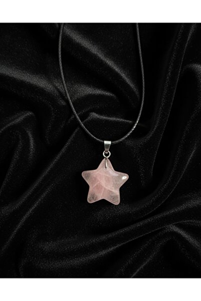 Meneva Aksesuar Gül Kuvars Doğal Taş Yıldız Kesim Deri İpli Kolye