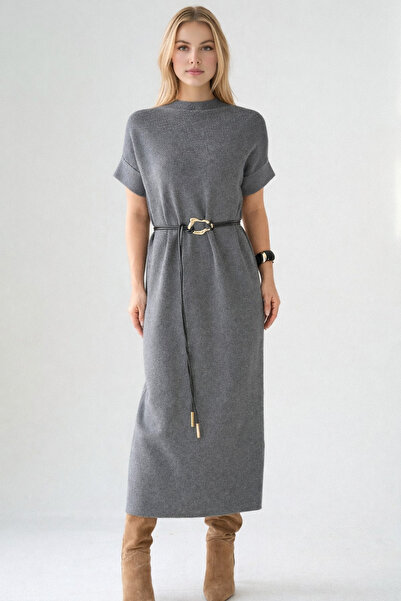 LOOSH Kadın Gri Yarım Balıkçı Yaka Kemerli Elbise