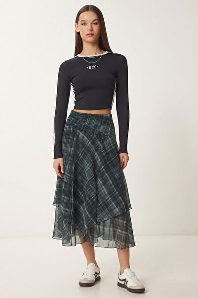 Lovelyİstanbul Plaid Asymmetrical Chiffon Midi Skirt Lzv0050 Petrol Green
