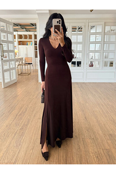 My Blog Brown V-Neck Maxi Dress with Front Slit - 261009