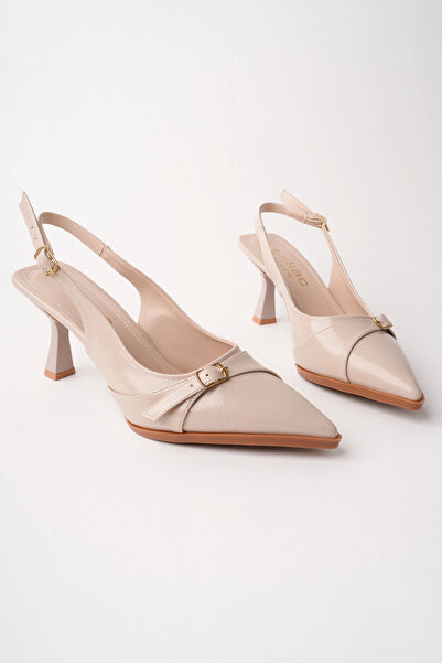 bakacstore Women's beige slingback pointed-toe heels with buckle detail