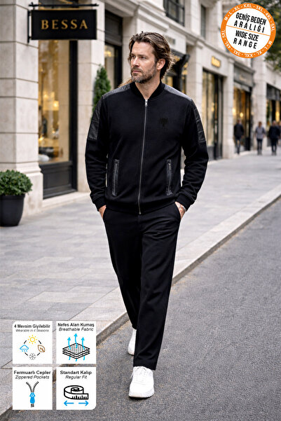 BESSA Μαύρο Σετ Φόρμας με Σχέδιο Λευκοκύνηγος, Τσέπες με Φερμουάρ, Ίσια Μπατζ...