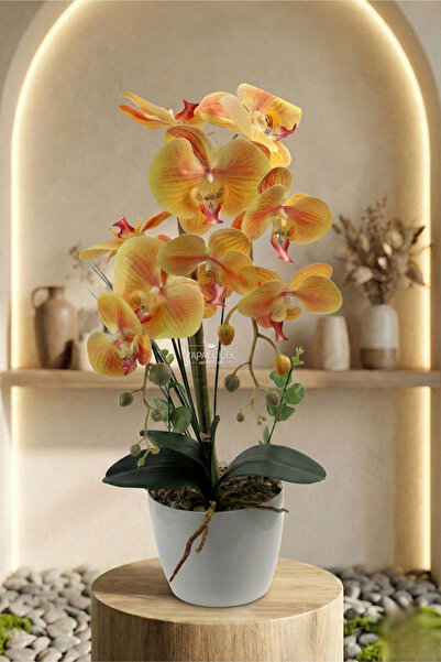 Yapay Çiçek Deposu Dekoratif 2li Nismo Yapay Islak Orkide Tanzimi Turuncu 60 cm