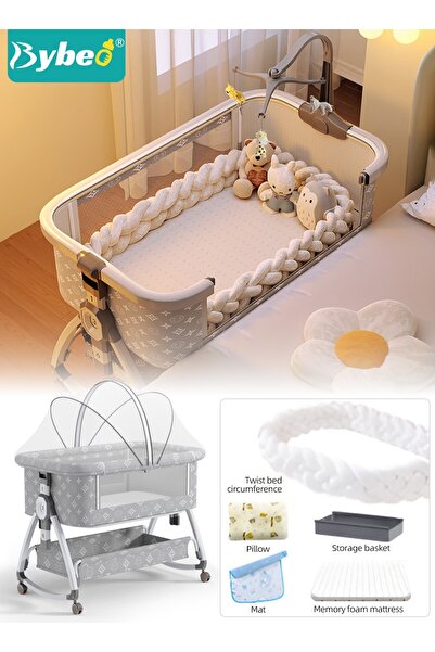 BYBEO سرير أطفال جانبي مكون من 7 قطع، سرير أطفال بعجلات دوارة 360 درجة، سرير ...