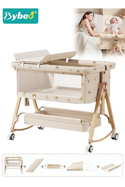 BYBEO سرير أطفال جانبي، سرير خشبي للأطفال مزود بعجلات دوارة 360 درجة، سرير أط...