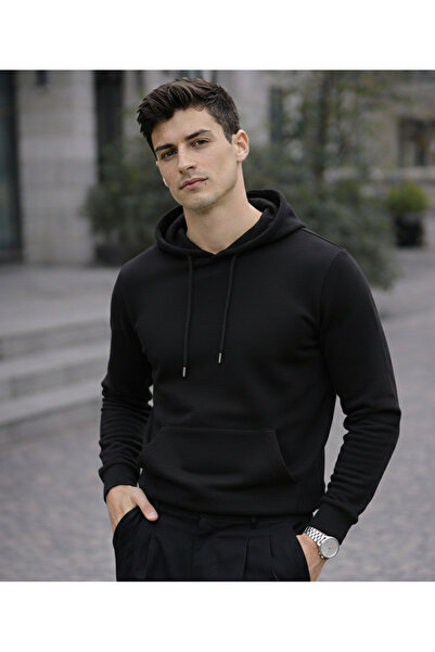 Regular Kanguru Cepli Kapüşonlu Sweatshirt-Siyah