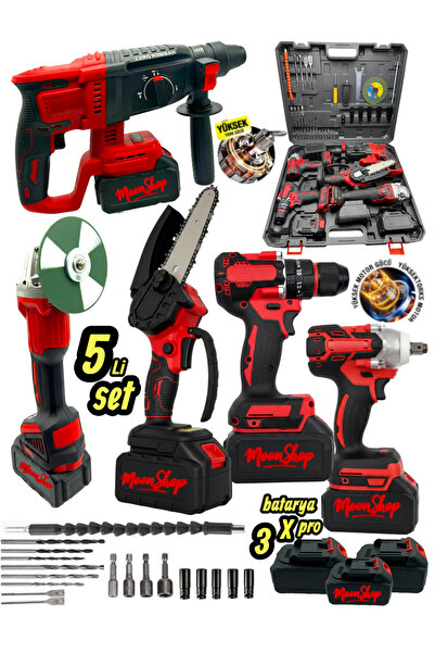 MOONSHOP Profesyonel Şarjlı Darbeli 5'li Set 2-26 Hilti 125mm Taşlama 13mm Ma...