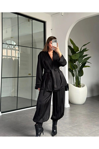 My Blog Black Kimono with Shalwar Double Satin Set - 51242