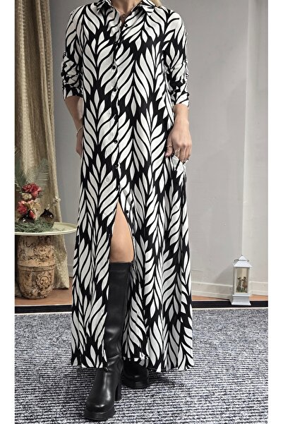 DISHI FASHİON Long Shirt Dress Leaf Pattern
