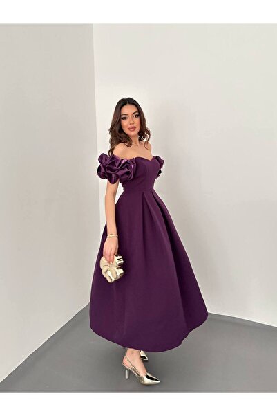 MUZY Kadın Mürdüm Kalp Yaka Kabarık Kol Detaylı Şık Gece Elbisesi