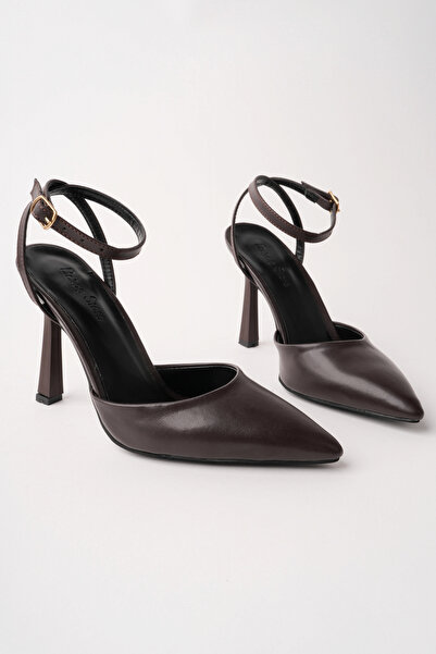 bakacstore Women's Brown Leather High Heel Shoes with Back Strap