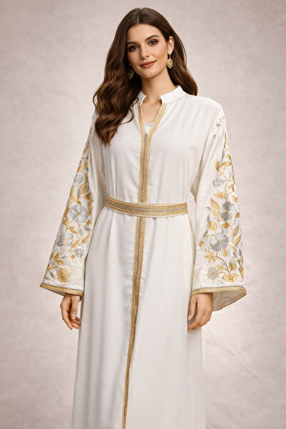 Meryl Women's embroidered jalabiya with sheer sleeves and waist belt