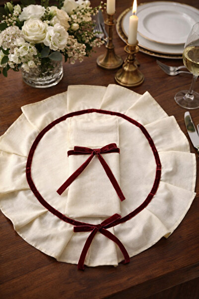 Nur Baby Zarif Sofralar İçin Bordo Kadife Kurdele Detaylı Fırfırlı Amerikan S...