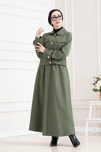 Sevitli Double Hijab Set with Sleeve Patches - Khaki