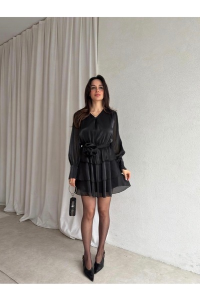 MOVELLA FASHİON PARLAK KUMAS GÜL KEMERLİ ASTARLI YENİ SEZON MİNİ ELBİSE