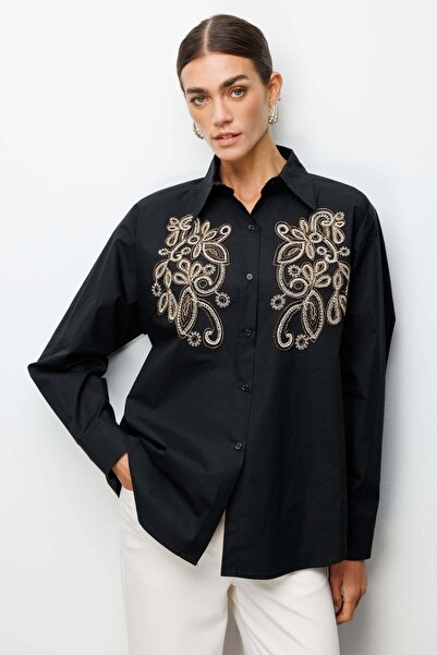 Ekol Boncuk İşlemeli Uzun Kollu Pamuk Gömlek
