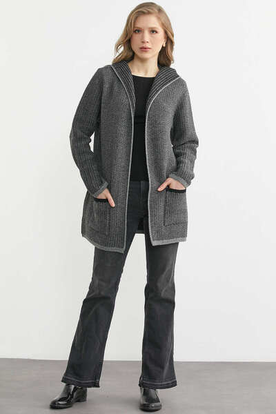 Sementa Μάλλινο πλεκτό μπουφάν με κουκούλα και τσέπες - Γκρι - Μαύρο