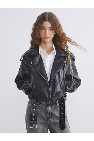 LC Waikiki Sparkling Choices from Shining Store Biker Roba Collar Crop Women'...