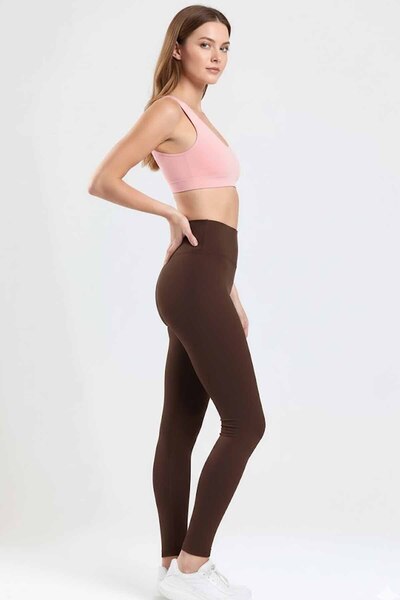 rekor sports High Waist Diver Fabric Gathering Coffee Color Leggings Casual/S...