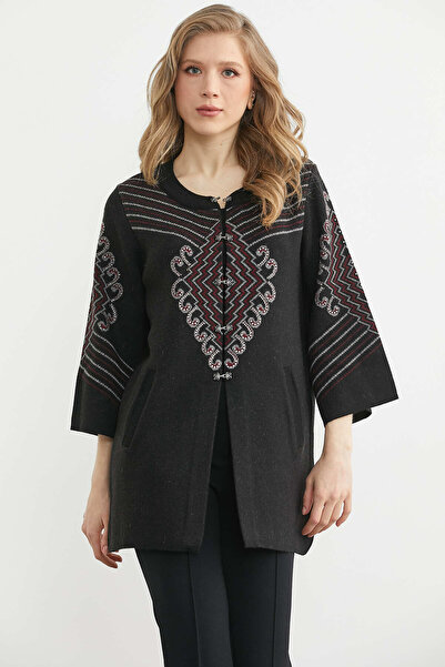 Sementa Jachetă din tricotaj cu mâneci trei sferturi din lână și agrafe - Negru