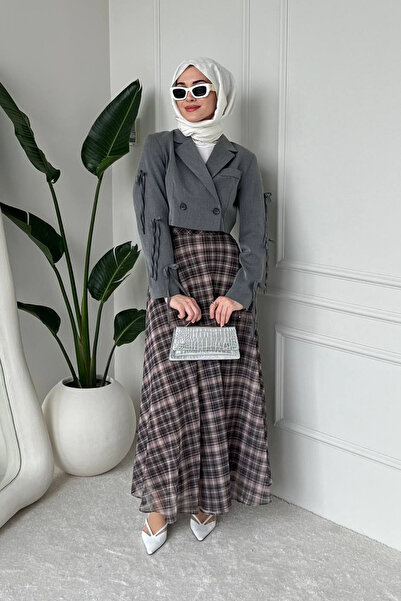 Tesettür Diyarı Noram Plaid Pattern Lined Tulle Hijab Skirt - Mink