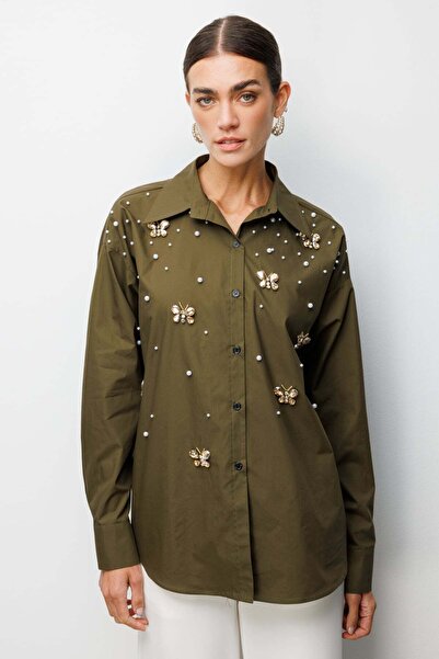 Ekol Kelebek Ve İnci İşlemeli Pamuk Gömlek