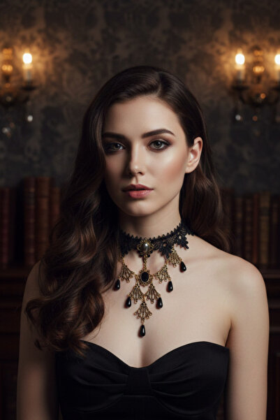 shop Antik Bronz Madalyonlu Siyah Dantel Choker - Çoklu Kristal Damla Sallant...