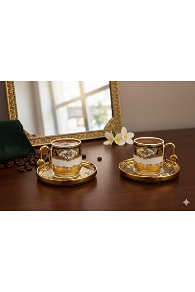 decovien Deco Vi̇en Vi̇ntage Black-Gold 2-Piece Porcelain Coffee Cup Set