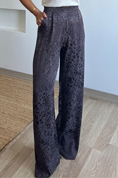 Vinales Leopard Pattern Viscose Fabric Satin Trousers with Elastic Back and S...