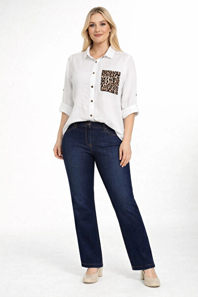 Moda Berray 1675-B BEYAZ KOLU APOLETLİ LEOPAR CEP DETAYLI KETEN GÖMLEK