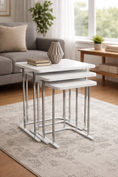 Teknor Tokyo Gümüş Beyaz Mdf 3 lü Kare C Zigon Sehpa