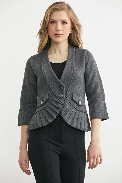 Sementa Wool Buttoned Short Knitwear Jacket - Dark Gray - Black