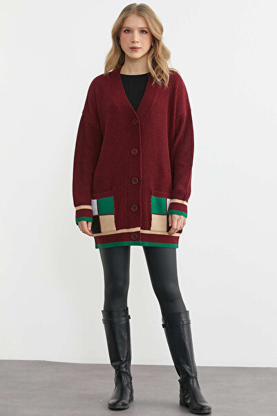 Sementa Color-Combined Oversize Wool Knitwear Cardigan - Claret Red
