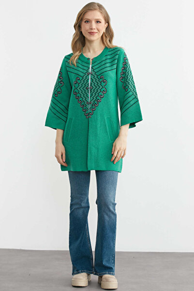 Sementa Jachetă din tricotaj cu mâneci trei sferturi din lână și agrafe - Verde