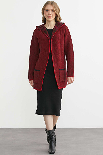 Sementa Hooded Wool Knitwear Jacket with Pockets - Red - Black