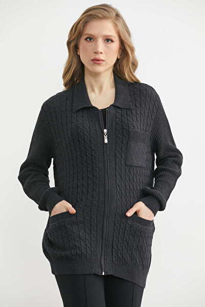 Sementa Поло с цип от памучен трикотаж - антрацит